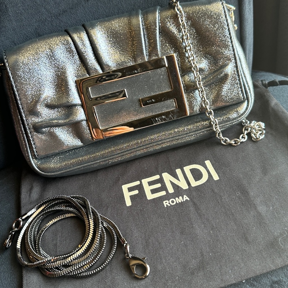 Fendi Metallic Silver Clutch with Chain